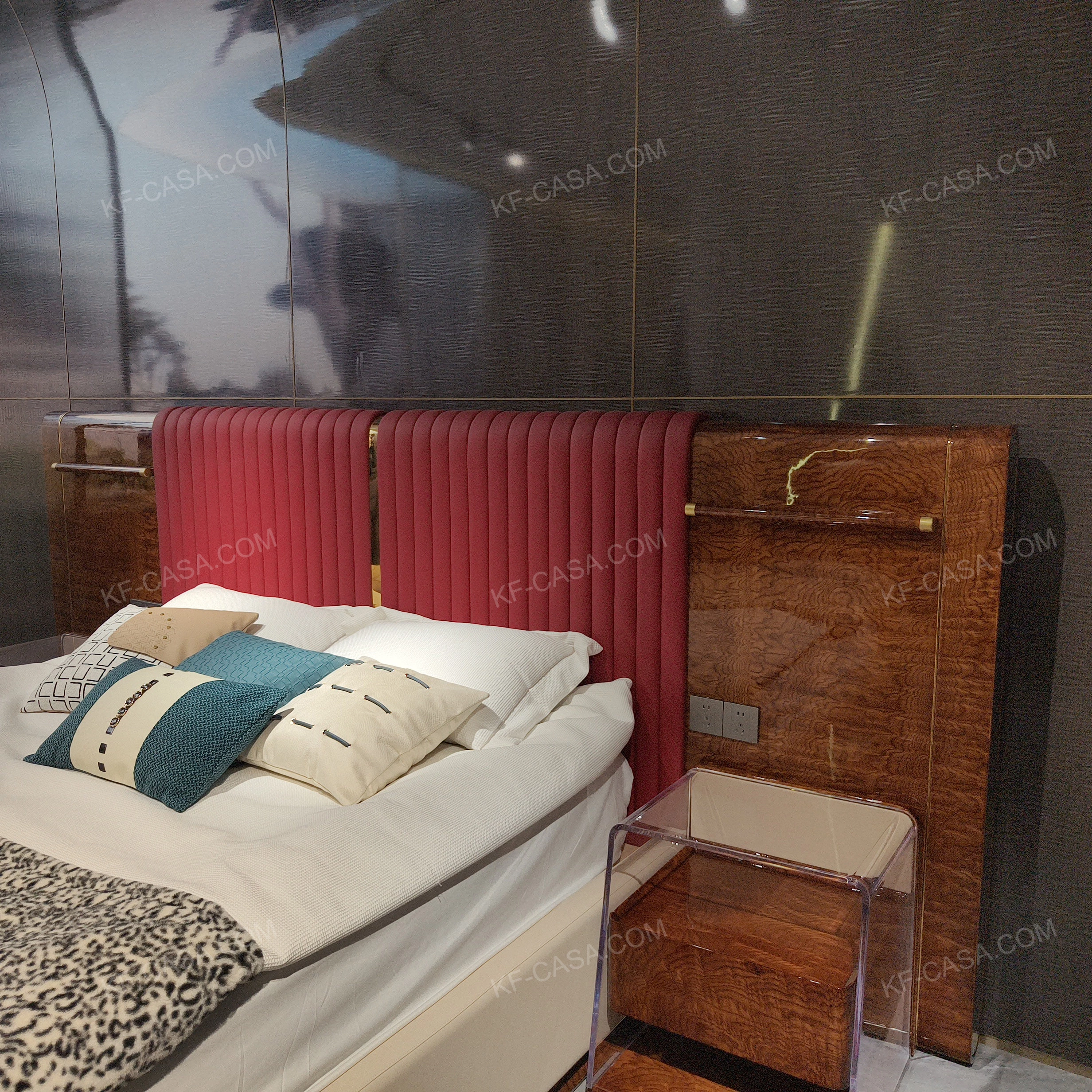 Natural Wood Headboard Upholstered Bed with Burgundy Leather Panel, Polished Marble Side Accents & Stainless Steel Hardware